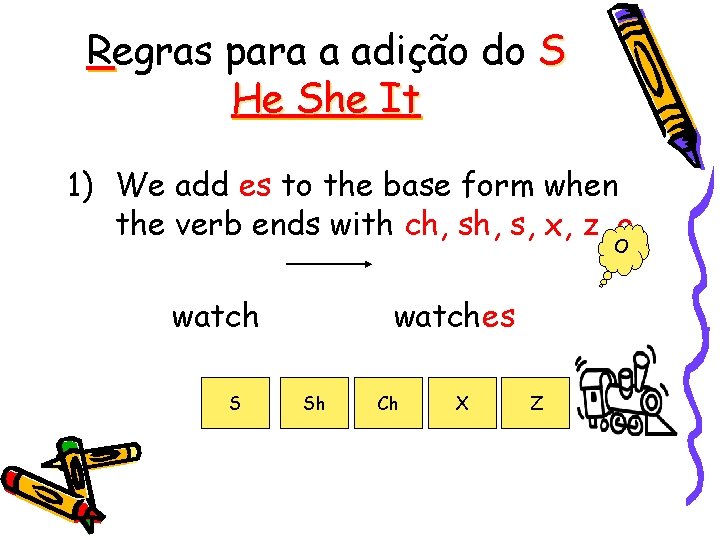 Regras para a adição do S He She It 1) We add es to