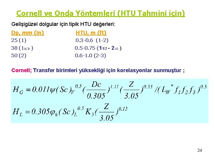 Cornell ve Onda Yöntemleri (HTU Tahmini için) Gelişigüzel dolgular için tipik HTU değerleri: Dp,