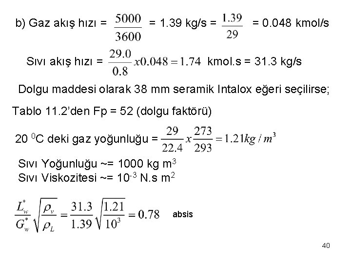 b) Gaz akış hızı = = 1. 39 kg/s = Sıvı akış hızı =