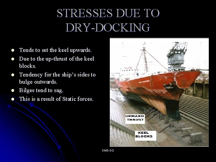 STRESSES DUE TO DRY-DOCKING l l l Tends to set the keel upwards. Due