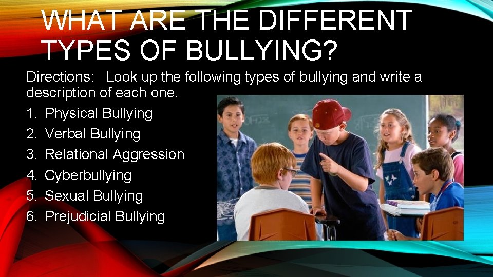 WHAT ARE THE DIFFERENT TYPES OF BULLYING? Directions: Look up the following types of
