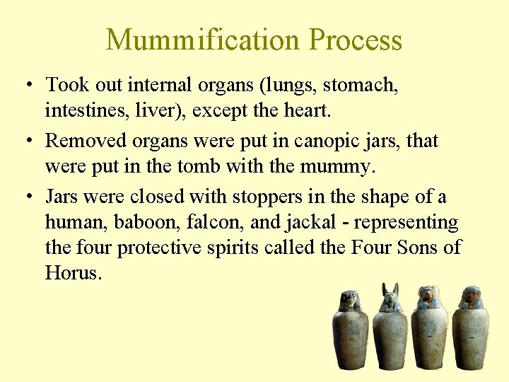 Mummification Process • Took out internal organs (lungs, stomach, intestines, liver), except the heart.