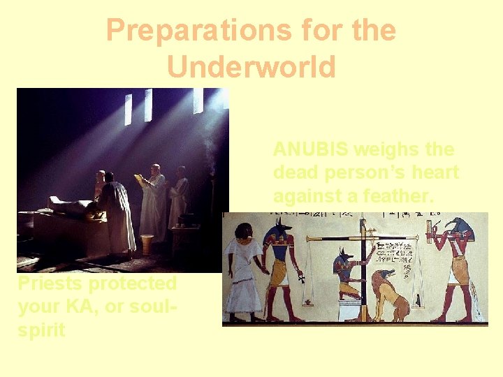 Preparations for the Underworld ANUBIS weighs the dead person’s heart against a feather. Priests