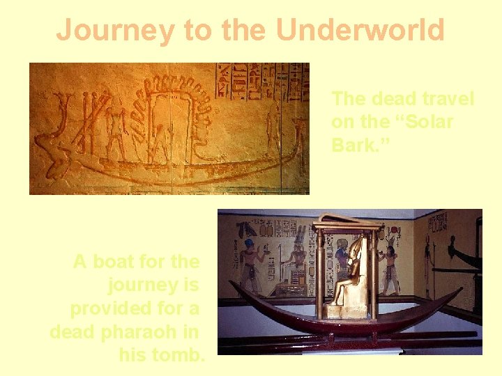Journey to the Underworld The dead travel on the “Solar Bark. ” A boat