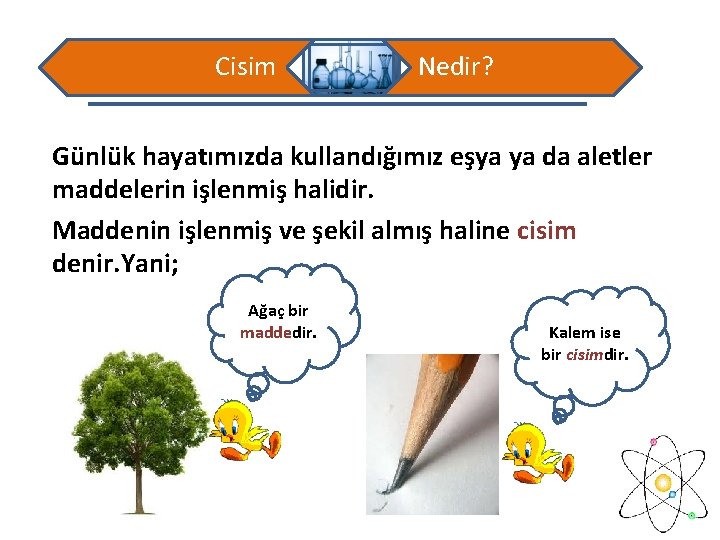 Cisim Nedir? Günlük hayatımızda kullandığımız eşya ya da aletler maddelerin işlenmiş halidir. Maddenin işlenmiş