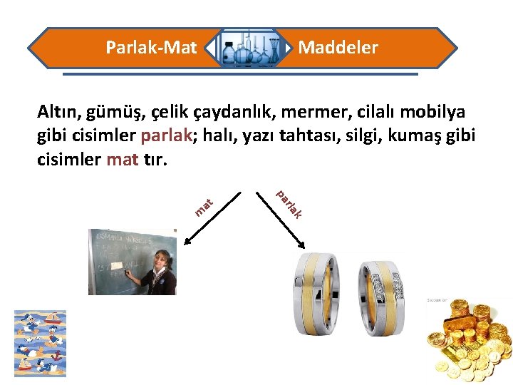 Parlak-Mat Maddeler Altın, gümüş, çelik çaydanlık, mermer, cilalı mobilya gibi cisimler parlak; halı, yazı