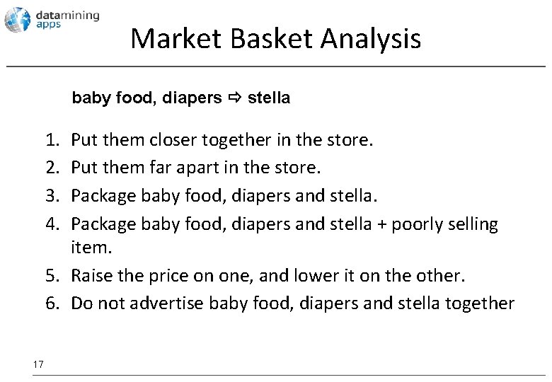 Market Basket Analysis baby food, diapers stella 1. 2. 3. 4. Put them closer