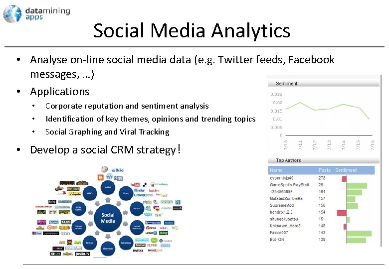 Social Media Analytics • Analyse on-line social media data (e. g. Twitter feeds, Facebook