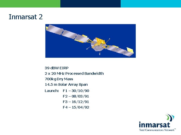 Inmarsat 2 39 d. BW EIRP 2 x 20 MHz Processed Bandwidth 700 kg