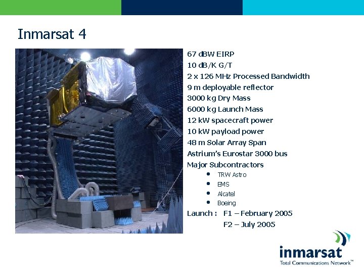 Inmarsat 4 67 d. BW EIRP 10 d. B/K G/T 2 x 126 MHz