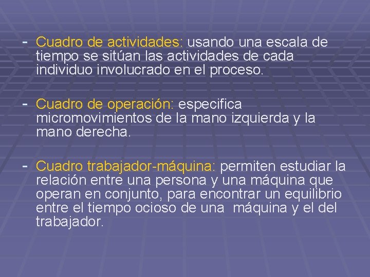 - Cuadro de actividades: usando una escala de tiempo se sitúan las actividades de