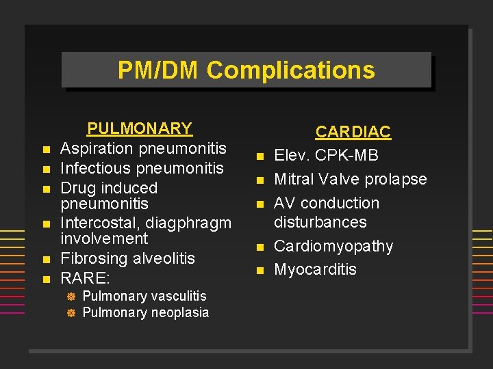 PM/DM Complications n n n PULMONARY Aspiration pneumonitis Infectious pneumonitis Drug induced pneumonitis Intercostal,