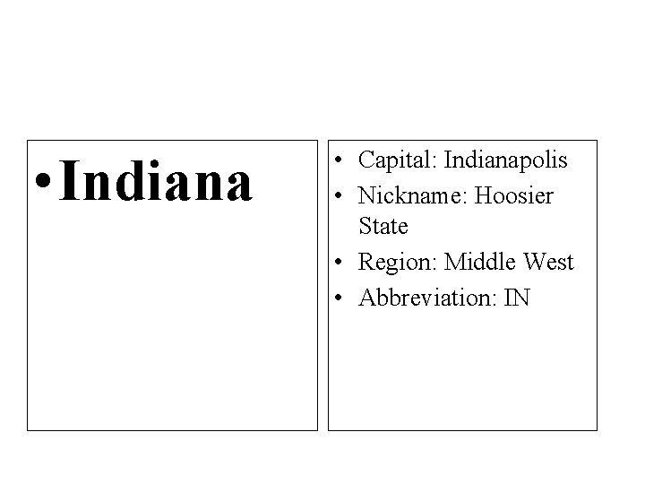  • Indiana • Capital: Indianapolis • Nickname: Hoosier State • Region: Middle West