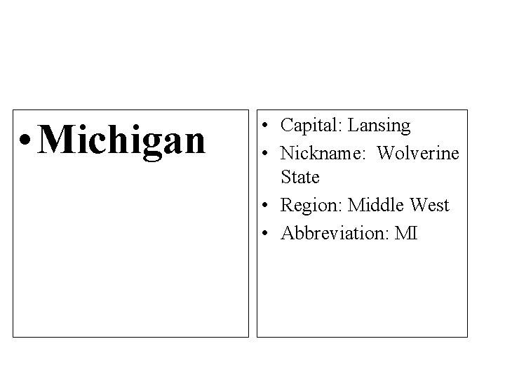  • Michigan • Capital: Lansing • Nickname: Wolverine State • Region: Middle West