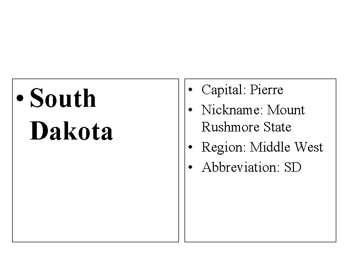  • South Dakota • Capital: Pierre • Nickname: Mount Rushmore State • Region: