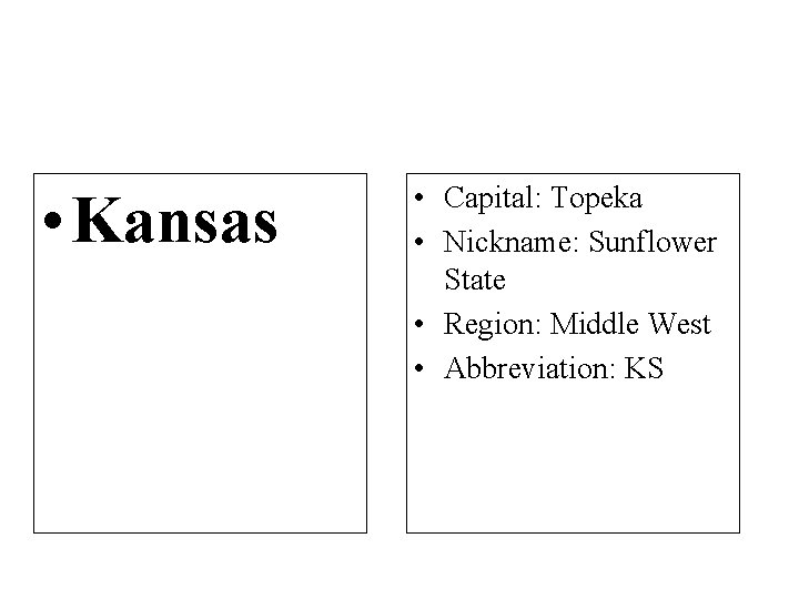  • Kansas • Capital: Topeka • Nickname: Sunflower State • Region: Middle West