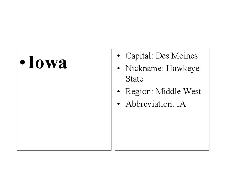  • Iowa • Capital: Des Moines • Nickname: Hawkeye State • Region: Middle