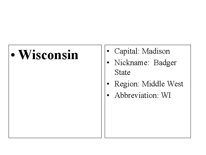  • Wisconsin • Capital: Madison • Nickname: Badger State • Region: Middle West