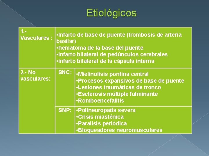 Etiológicos 1. - • Infarto de base de puente (trombosis de arteria Vasculares :