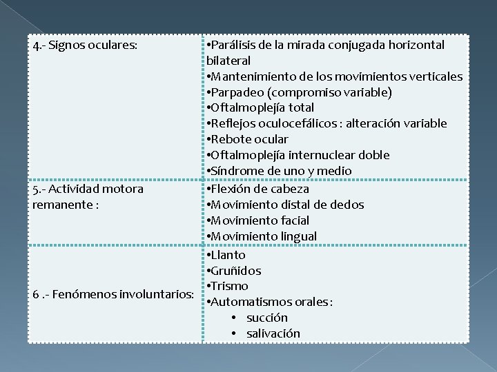 4. - Signos oculares: • Parálisis de la mirada conjugada horizontal bilateral • Mantenimiento