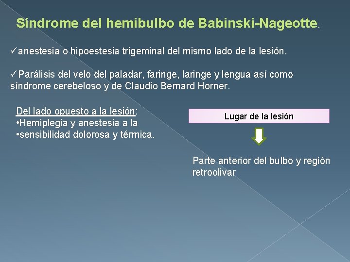 Síndrome del hemibulbo de Babinski-Nageotte. üanestesia o hipoestesia trigeminal del mismo lado de la