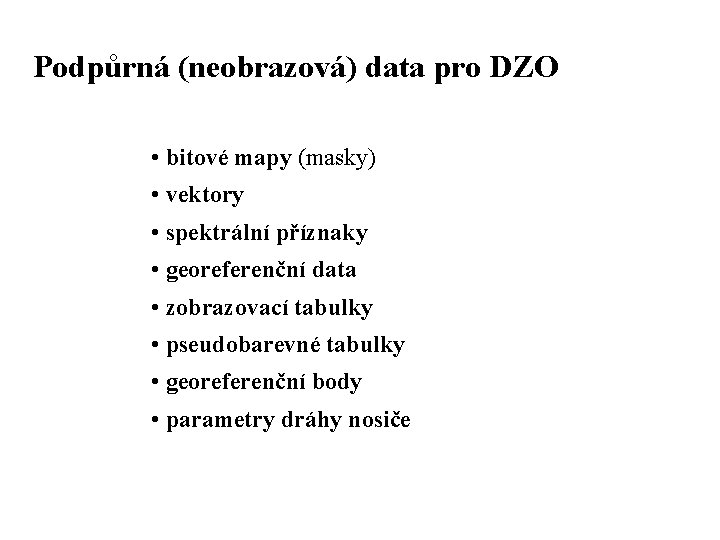 Podpůrná (neobrazová) data pro DZO • bitové mapy (masky) • vektory • spektrální příznaky