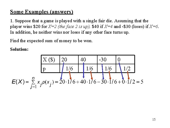 Some Examples (answers) 1. Suppose that a game is played with a single fair