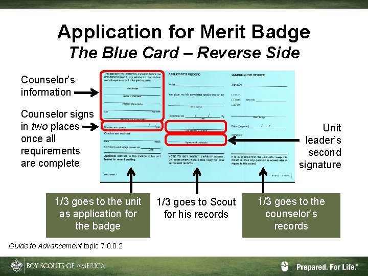 Application for Merit Badge The Blue Card – Reverse Side Counselor’s information Counselor signs