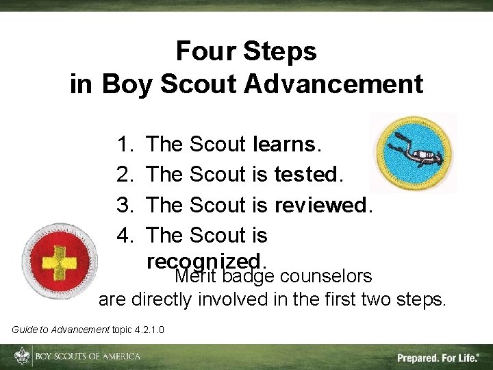 Four Steps in Boy Scout Advancement 1. 2. 3. 4. The Scout learns. The