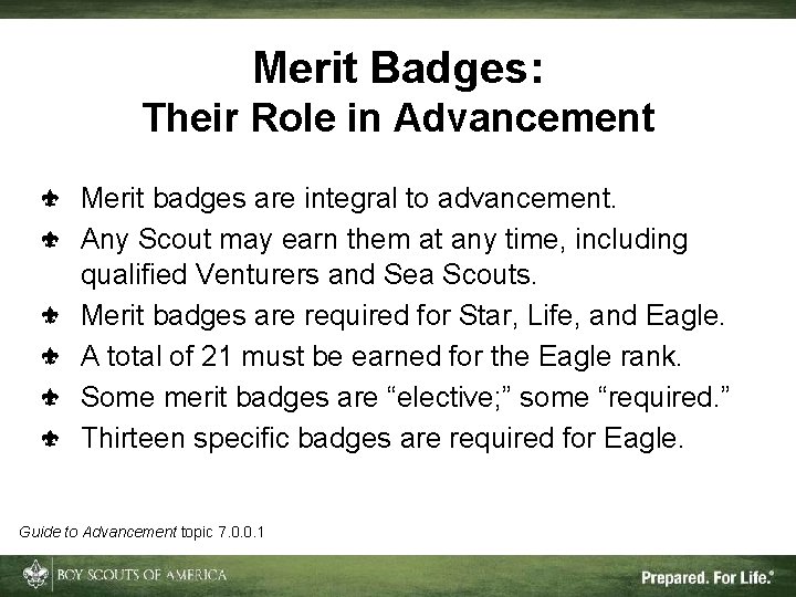 Merit Badges: Their Role in Advancement Merit badges are integral to advancement. Any Scout