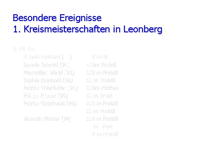 Besondere Ereignisse 1. Kreismeisterschaften in Leonberg 3. Platz: Dennis Lenhard (94) Dennis Schmid (94)