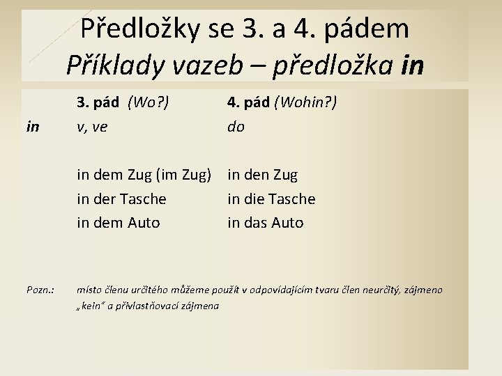 Předložky se 3. a 4. pádem Příklady vazeb – předložka in in 3. pád