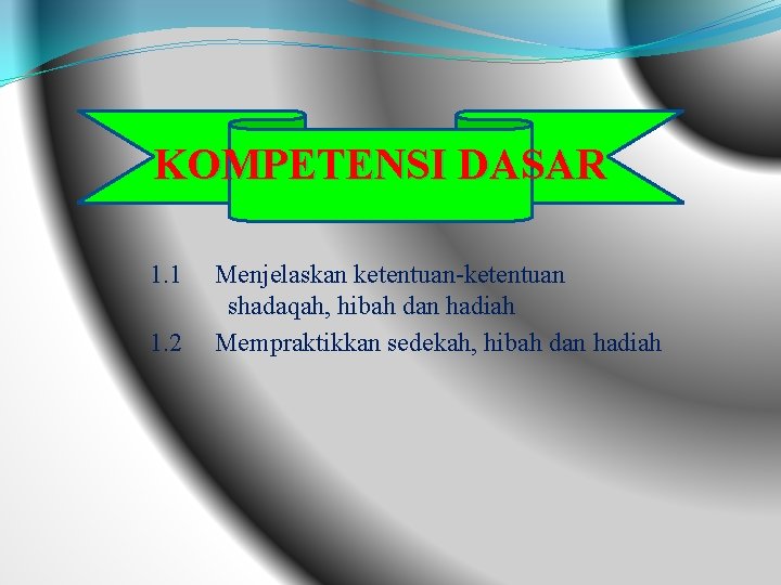 KOMPETENSI DASAR 1. 1 1. 2 Menjelaskan ketentuan-ketentuan shadaqah, hibah dan hadiah Mempraktikkan sedekah, KOMPETENSI DASAR 1. 1 1. 2 Menjelaskan ketentuan-ketentuan shadaqah, hibah dan hadiah Mempraktikkan sedekah,