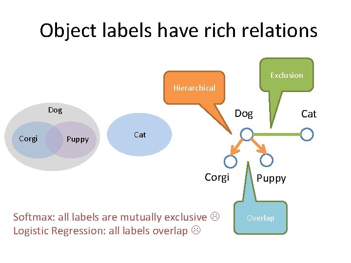 Object labels have rich relations Exclusion Hierarchical Dog Corgi Dog Puppy Cat Corgi Softmax:
