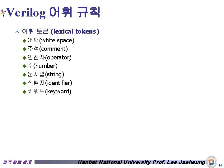 Verilog 어휘 규칙 © 어휘 토큰 (lexical tokens) ◆ 여백(white space) ◆ 주석(comment) ◆