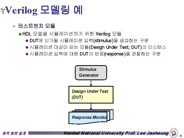 Verilog 모델링 예 © 테스트벤치 모듈 ◆ HDL 모델을 시뮬레이션하기 위한 Verilog 모듈 l