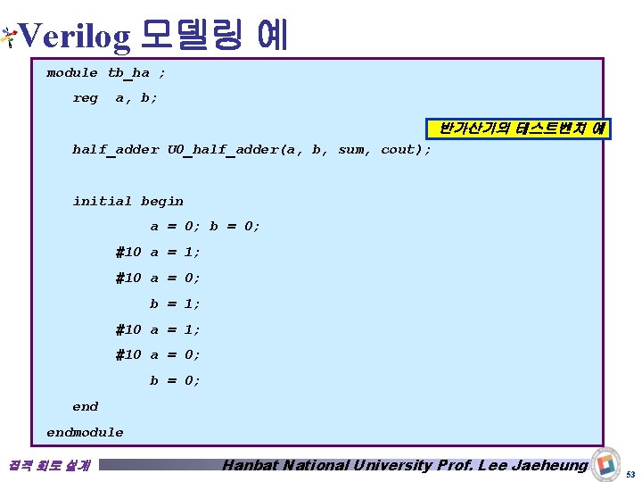 Verilog 모델링 예 module tb_ha ; reg a, b; 반가산기의 테스트벤치 예 half_adder U