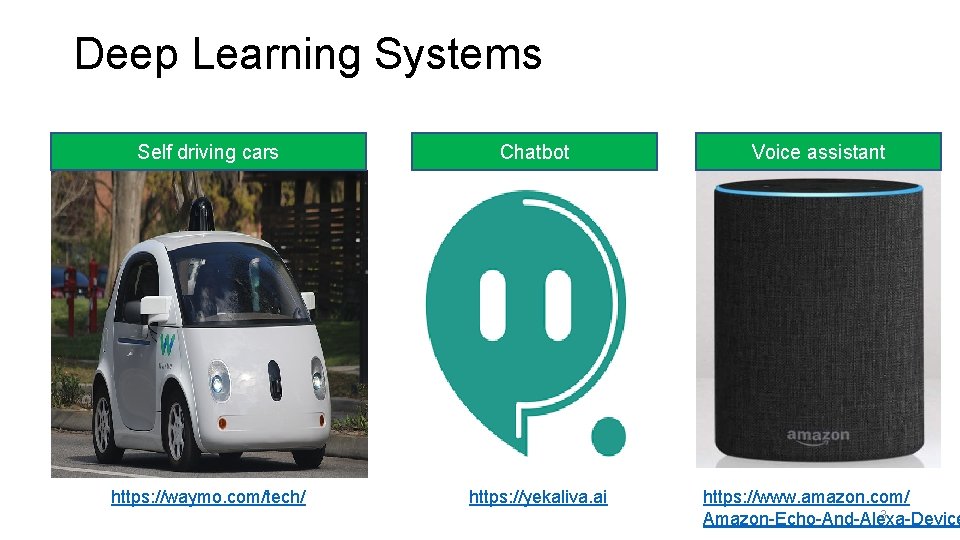 Deep Learning Systems Self driving cars Chatbot https: //waymo. com/tech/ https: //yekaliva. ai Voice