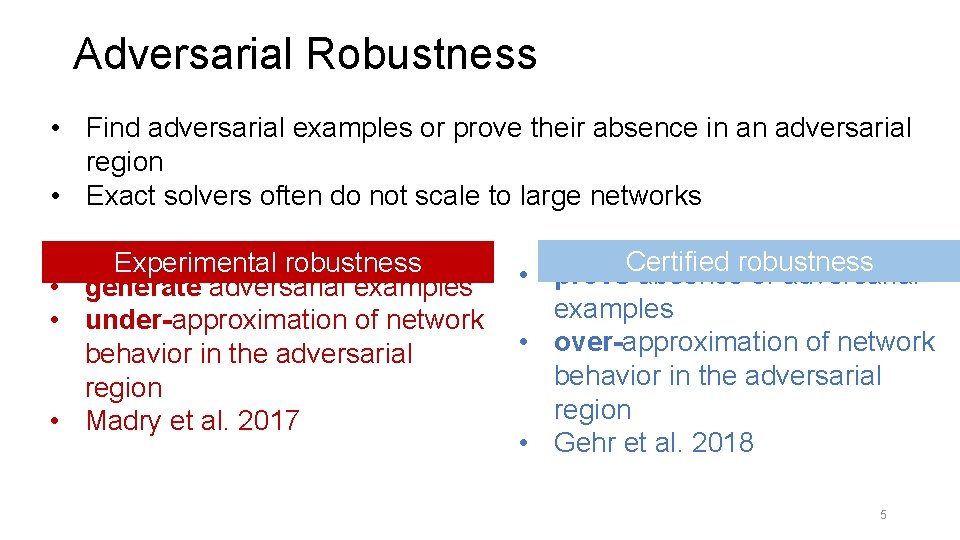 Adversarial Robustness • Find adversarial examples or prove their absence in an adversarial region