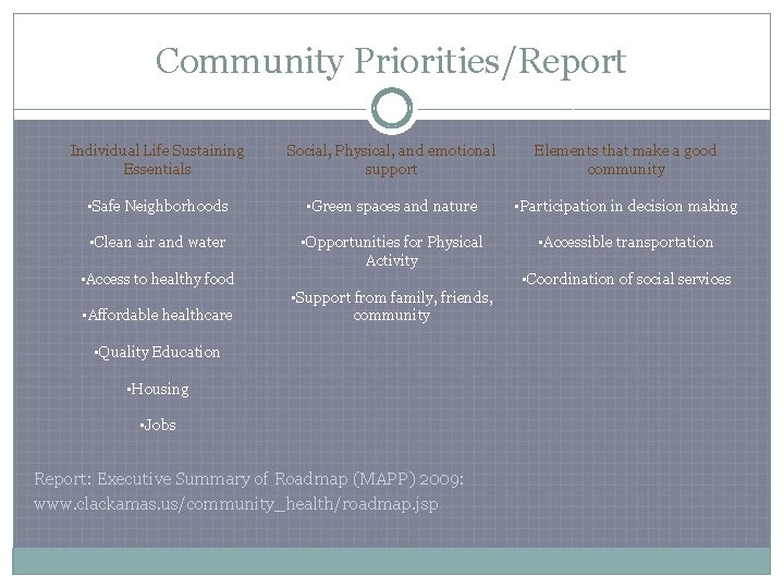 Community Priorities/Report Individual Life Sustaining Essentials Social, Physical, and emotional support Elements that make