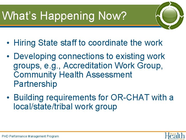 What’s Happening Now? • Hiring State staff to coordinate the work • Developing connections