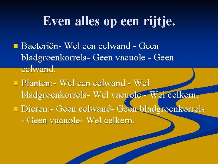 Even alles op een rijtje. Bacteriën- Wel een celwand - Geen bladgroenkorrels- Geen vacuole
