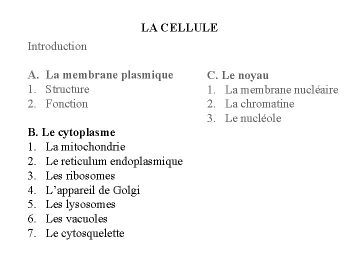 LA CELLULE Introduction A. La membrane plasmique 1. Structure 2. Fonction B. Le cytoplasme