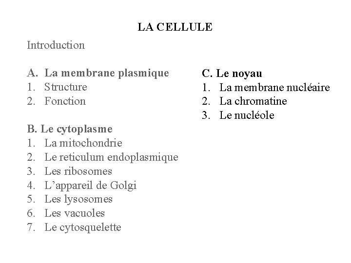 LA CELLULE Introduction A. La membrane plasmique 1. Structure 2. Fonction B. Le cytoplasme