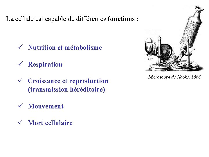 La cellule est capable de différentes fonctions : ü Nutrition et métabolisme ü Respiration