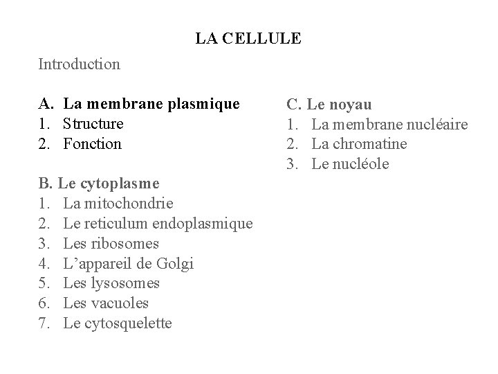 LA CELLULE Introduction A. La membrane plasmique 1. Structure 2. Fonction B. Le cytoplasme