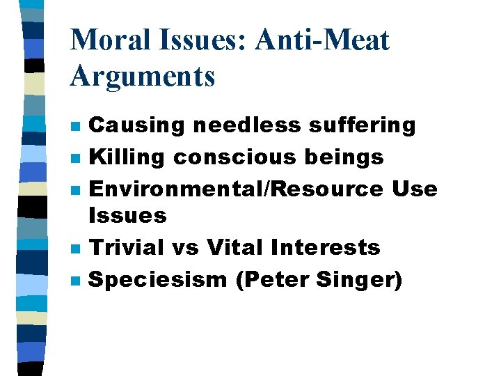 Moral Issues: Anti-Meat Arguments n n n Causing needless suffering Killing conscious beings Environmental/Resource