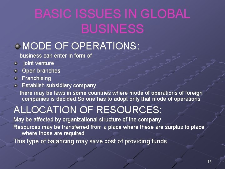 BASIC ISSUES IN GLOBAL BUSINESS MODE OF OPERATIONS: business can enter in form of