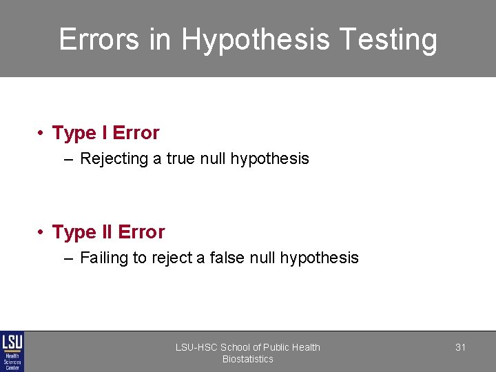 Errors in Hypothesis Testing • Type I Error – Rejecting a true null hypothesis Errors in Hypothesis Testing • Type I Error – Rejecting a true null hypothesis