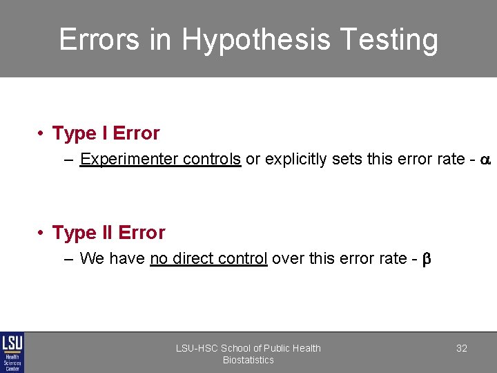 Errors in Hypothesis Testing • Type I Error – Experimenter controls or explicitly sets Errors in Hypothesis Testing • Type I Error – Experimenter controls or explicitly sets